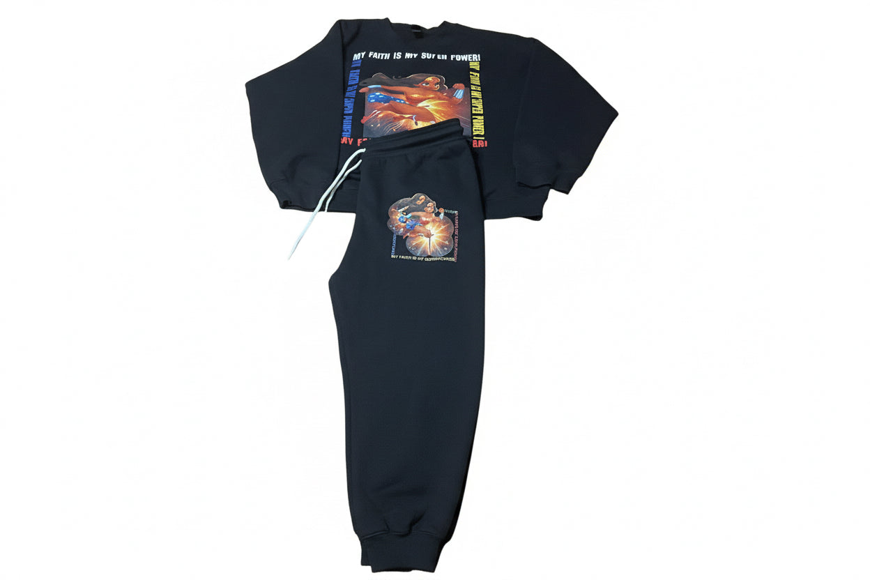 My Faith is My superpower black crop sweat shirt and pants
